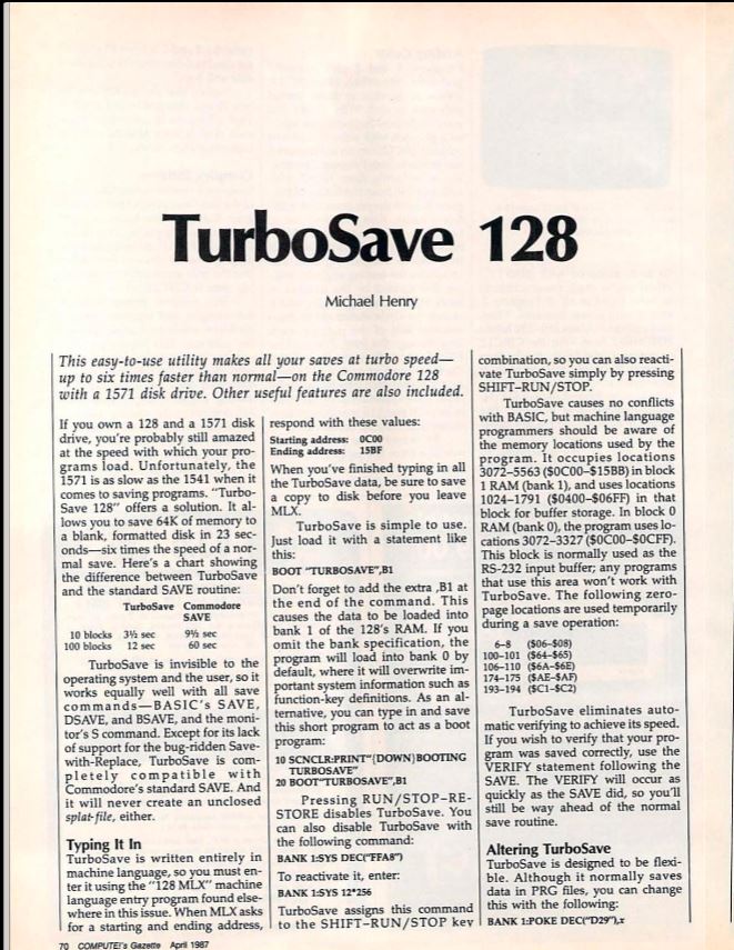 TurboSave 128 by Michael Henry, COMPUTE!'s Gazette April 1987